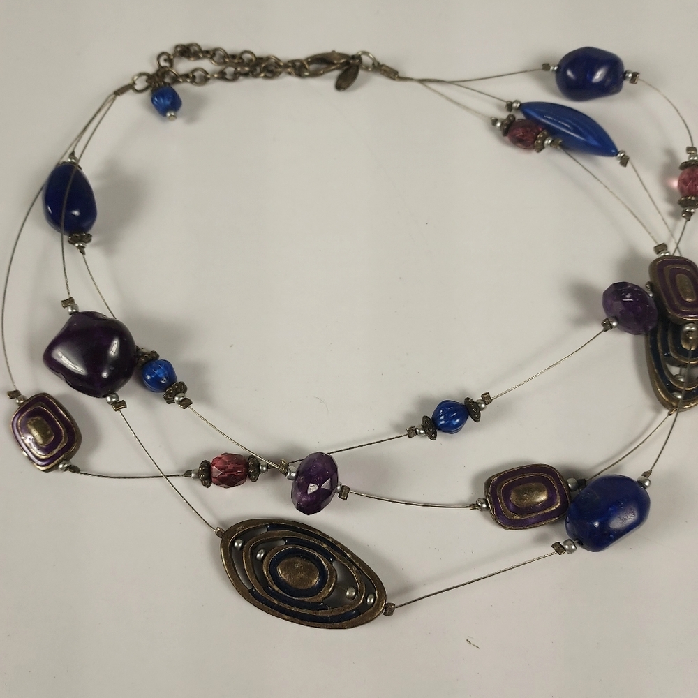 Chico's Navy Blue and Silver Wire Multi-Layer Necklace Stone Glass Boho Style - Picture 5 of 8